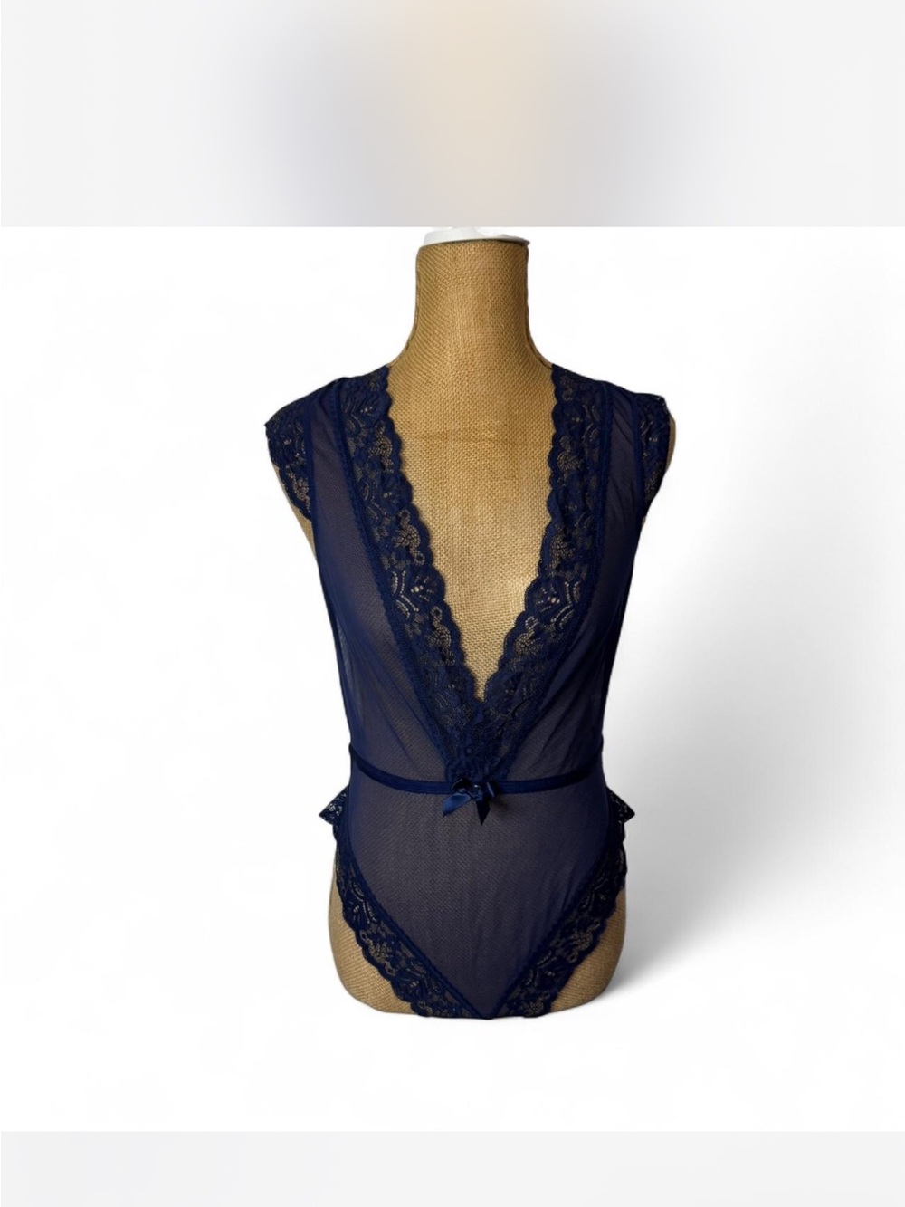 Adore Me Navy Deep V Lace Mesh Teddy